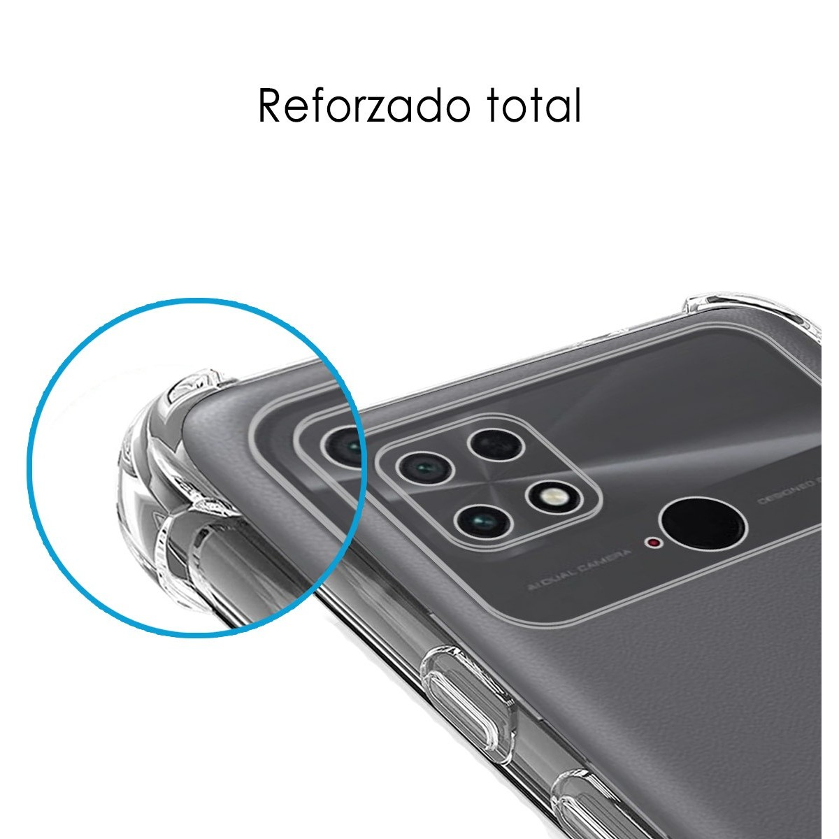 Primo piano di una custodia per telefono con un design trasparente e rinforzato. Il testo recita 'Reforzado total'.