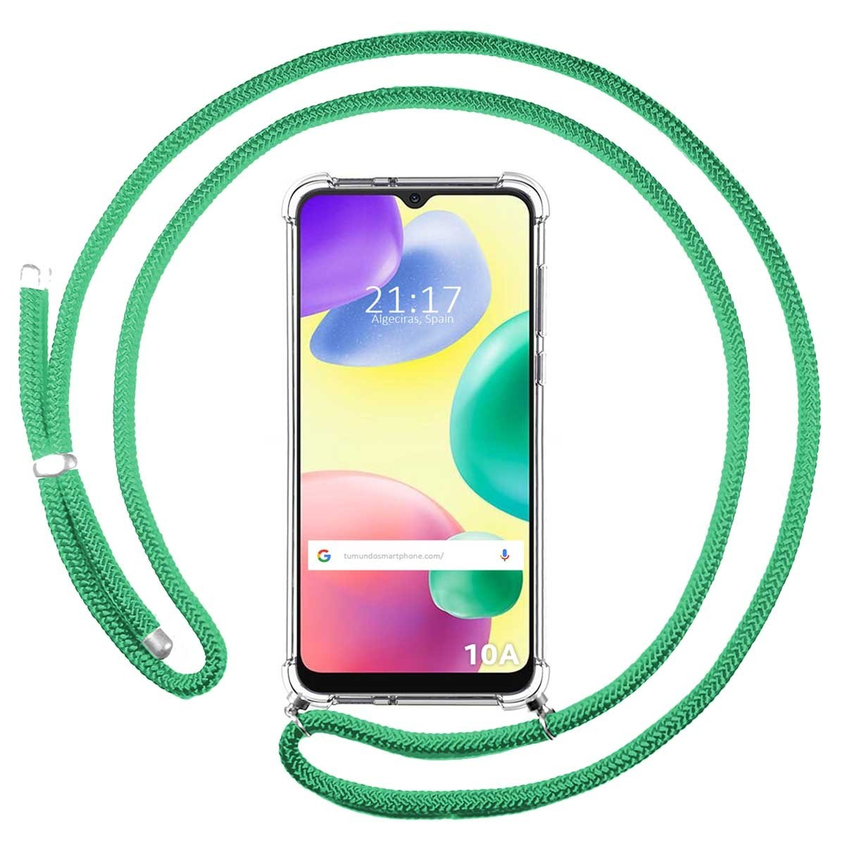 Telefono con corda verde. Il telefono mostra l'ora e una barra di ricerca.