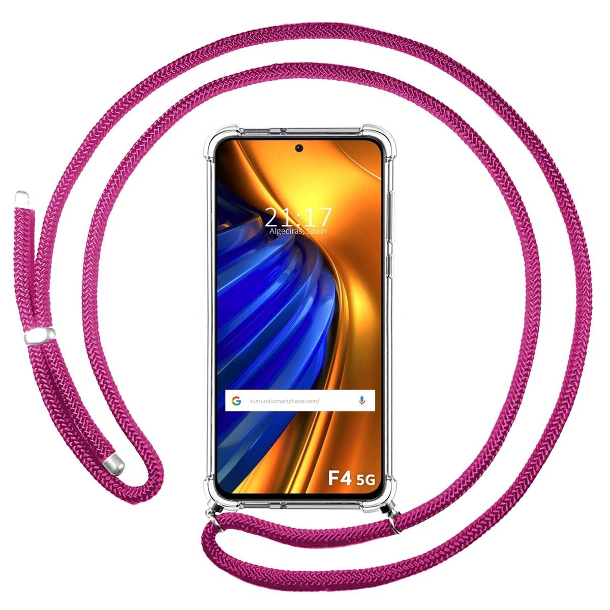 Un telefono in una custodia trasparente con un cordino rosa. Lo schermo mostra l'ora.