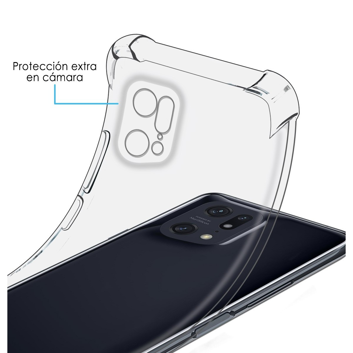 Una funda de teléfono transparente, que muestra un teléfono y una protección de cámara.