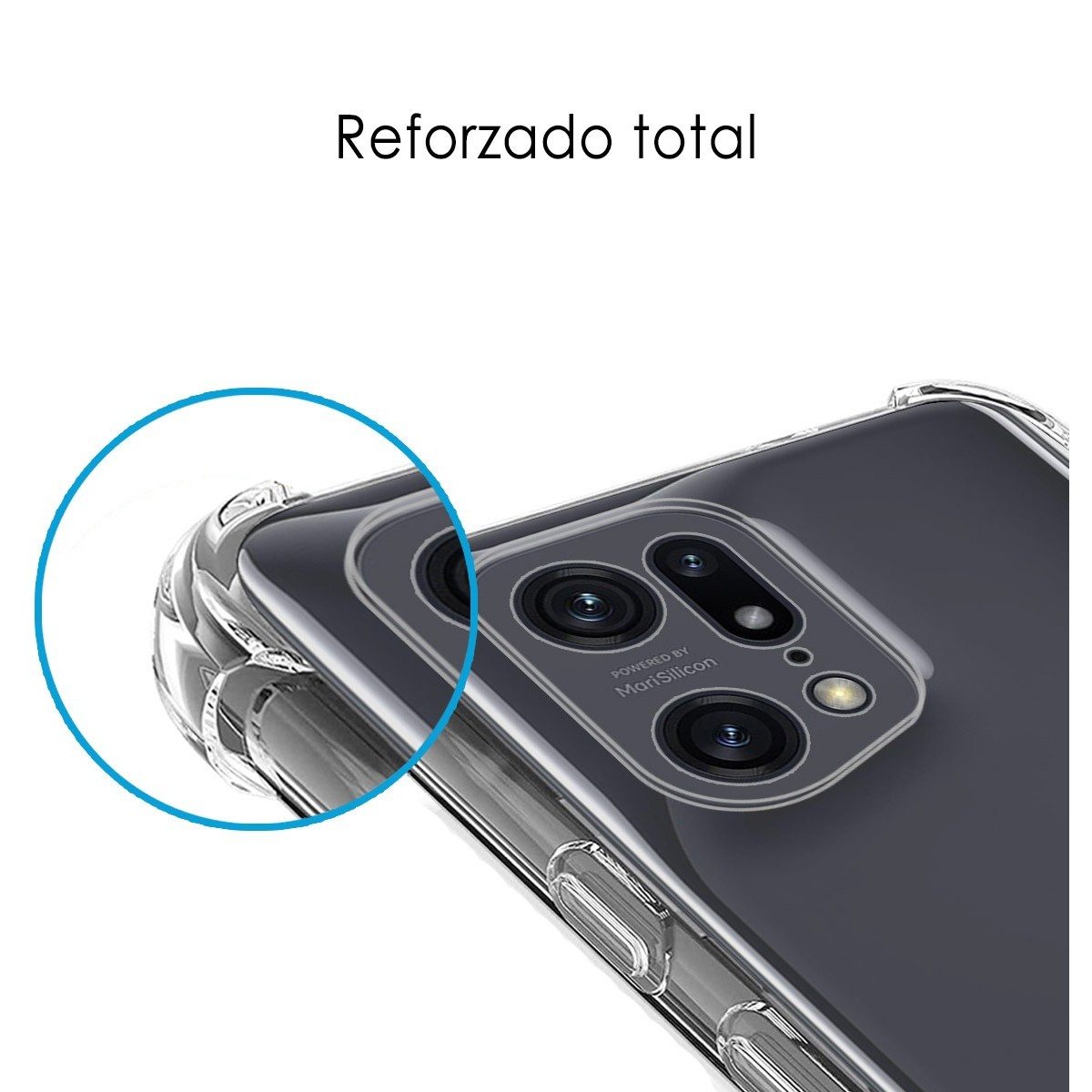 Primer plano de una funda de teléfono, mostrando la protuberancia de la cámara y las palabras "Reforzado total".