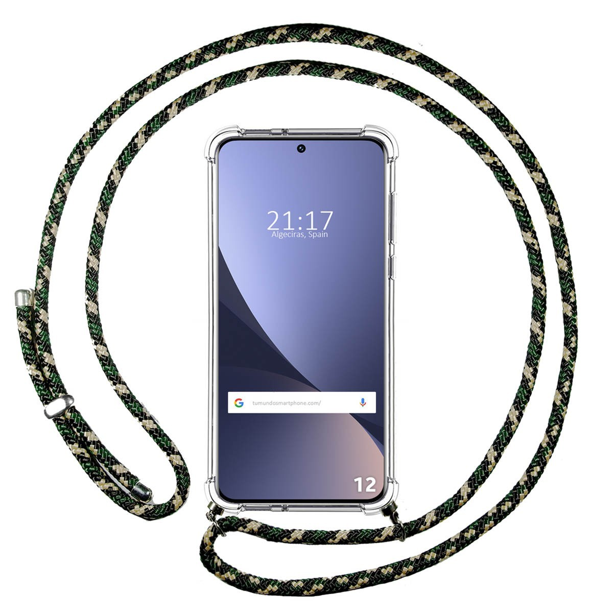 Telefono con cinturino mimetico. Lo schermo del telefono mostra l'ora e il sito web.