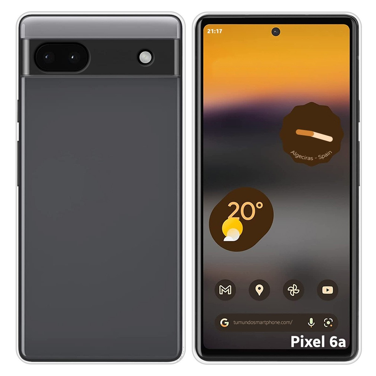 Funda de teléfono oscura y un teléfono que muestra información meteorológica. El teléfono muestra la hora y la fecha.