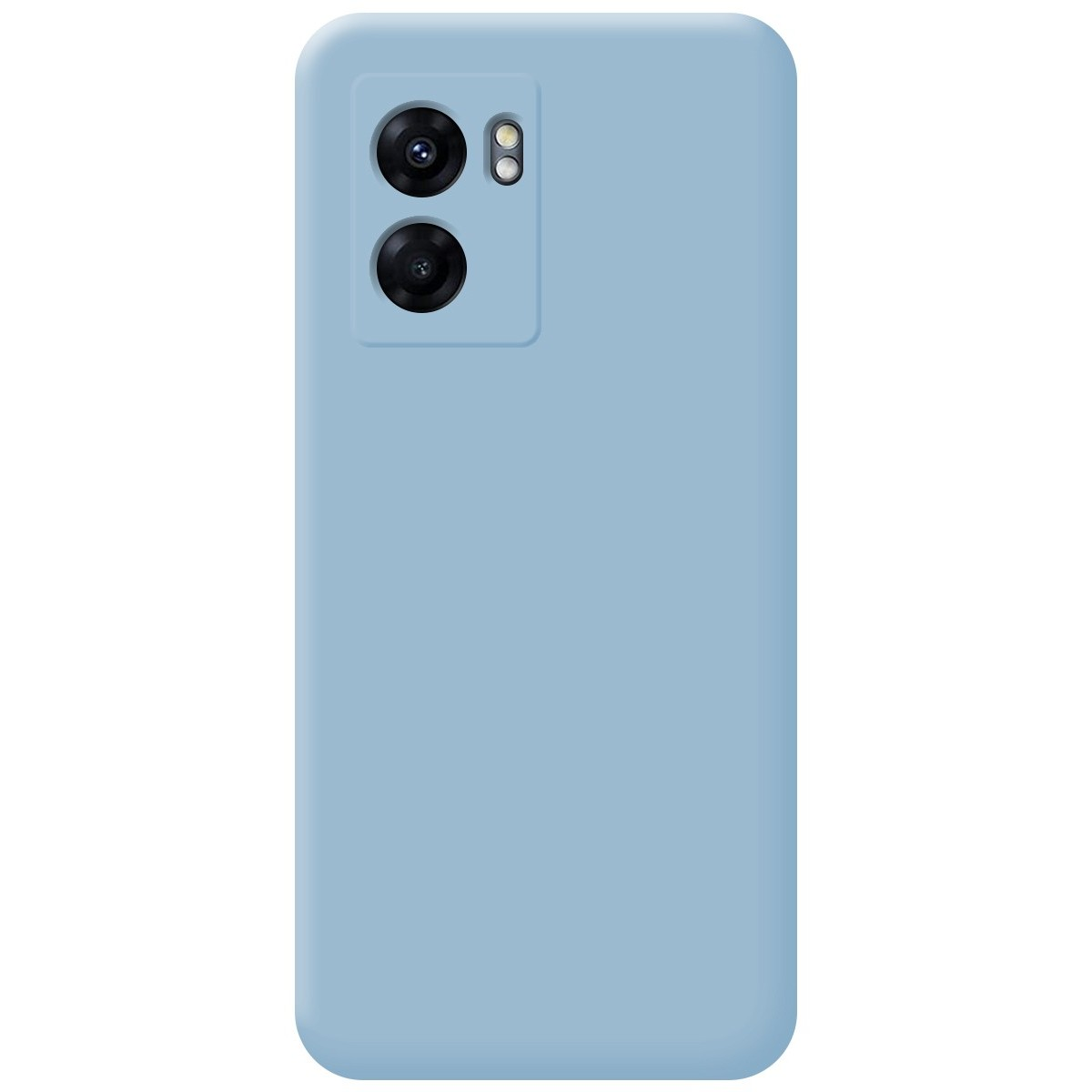 Telefono azzurro con due fotocamere sul retro.