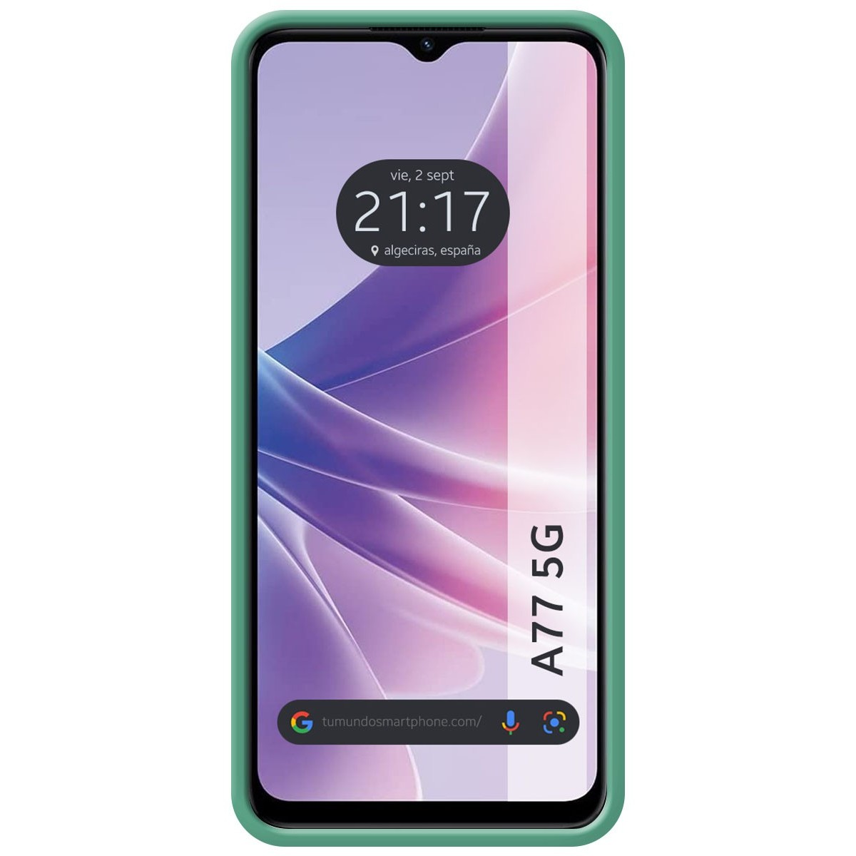 Telefono con custodia verde. Lo schermo mostra data, ora e posizione, e un design astratto viola e rosa.