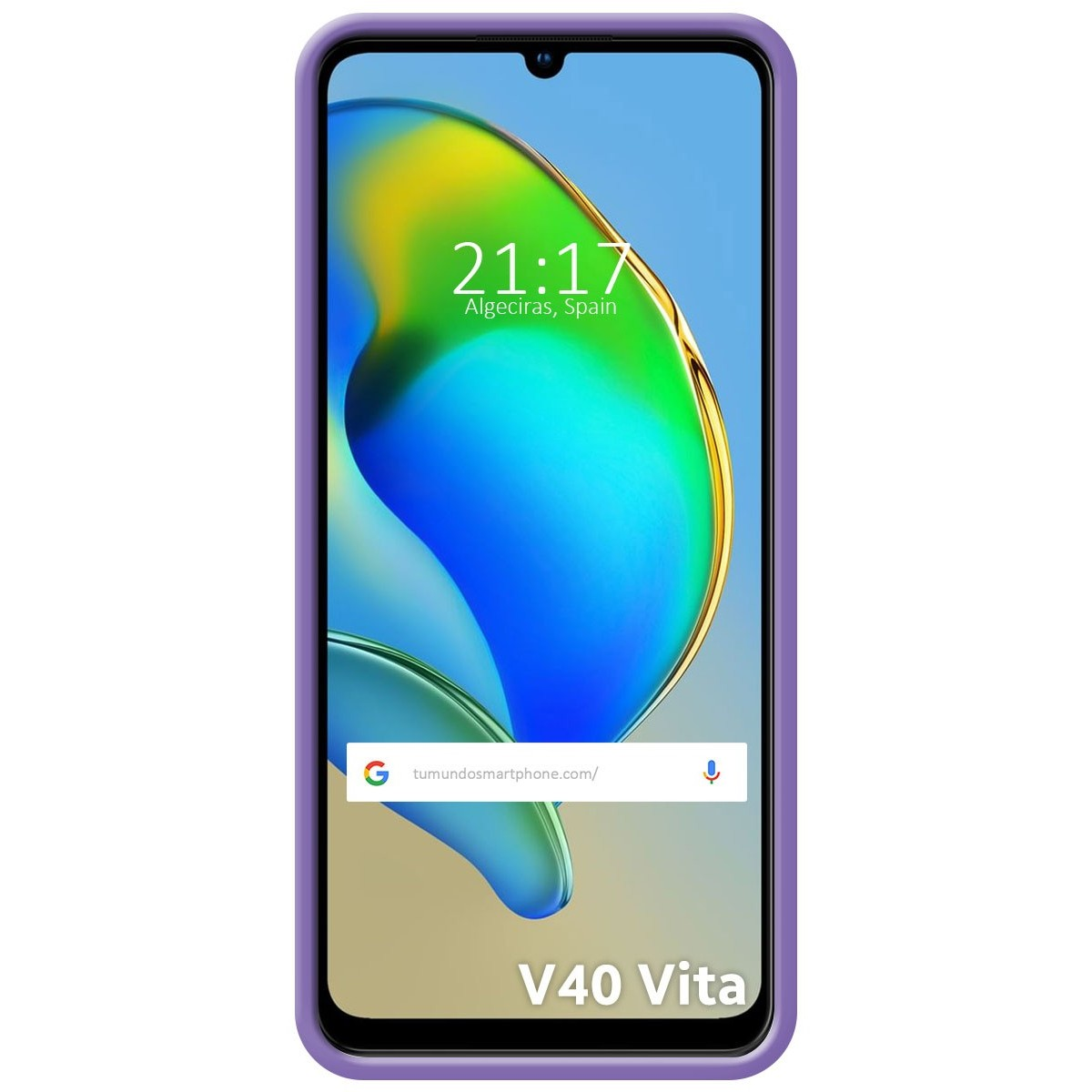 Telefono che mostra uno schermo blu. Il telefono è in una custodia viola. L'ora è 21:17.