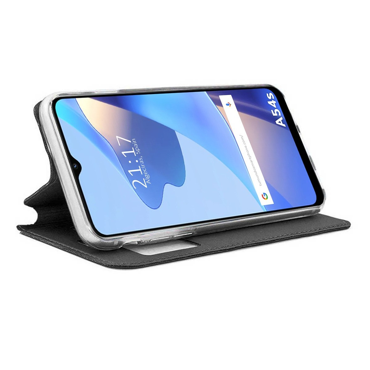 Telefono in una custodia protettiva, aperto su una superficie.