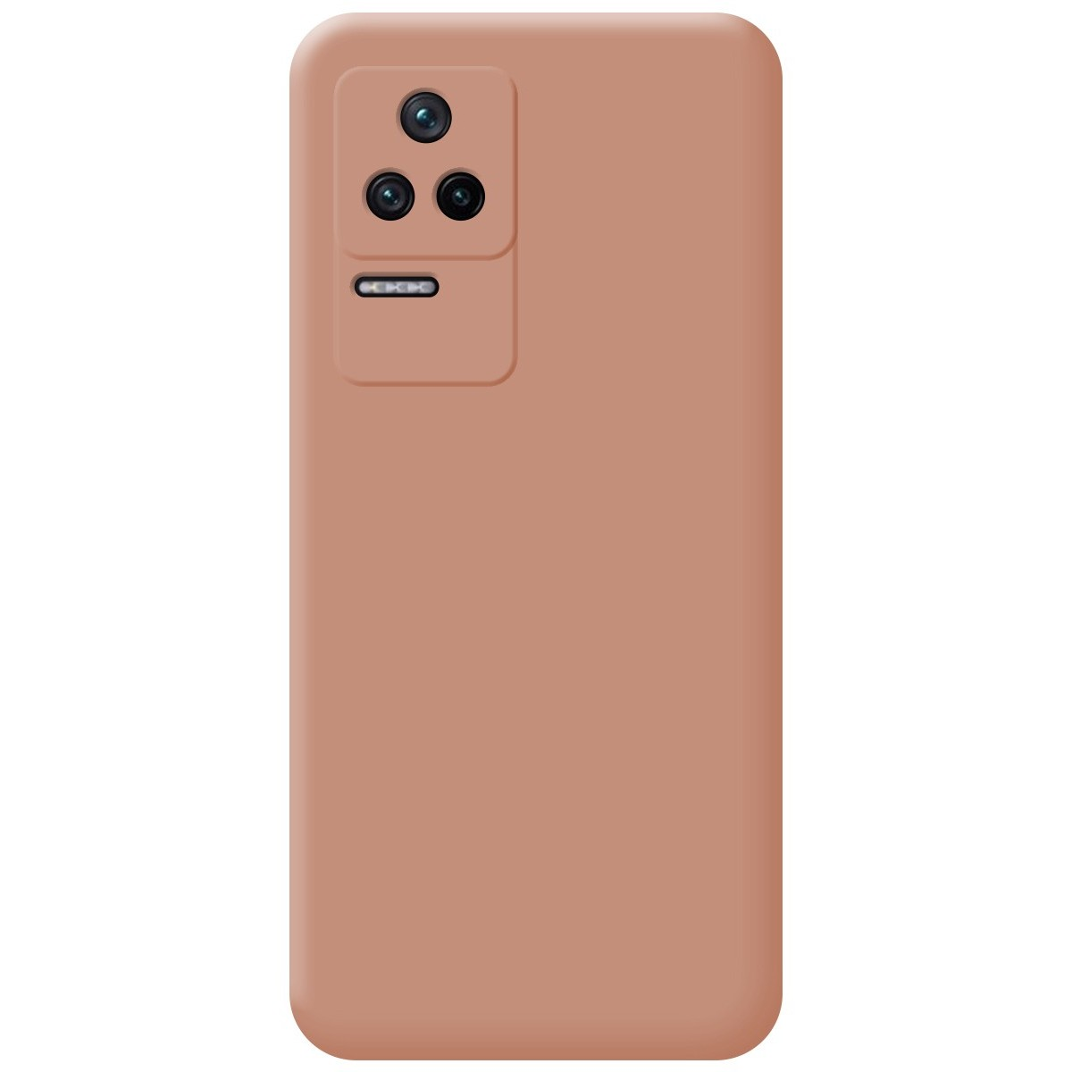 Custodia per telefono rosa tinta unita. È visibile la parte posteriore di un telefono con configurazione della fotocamera.