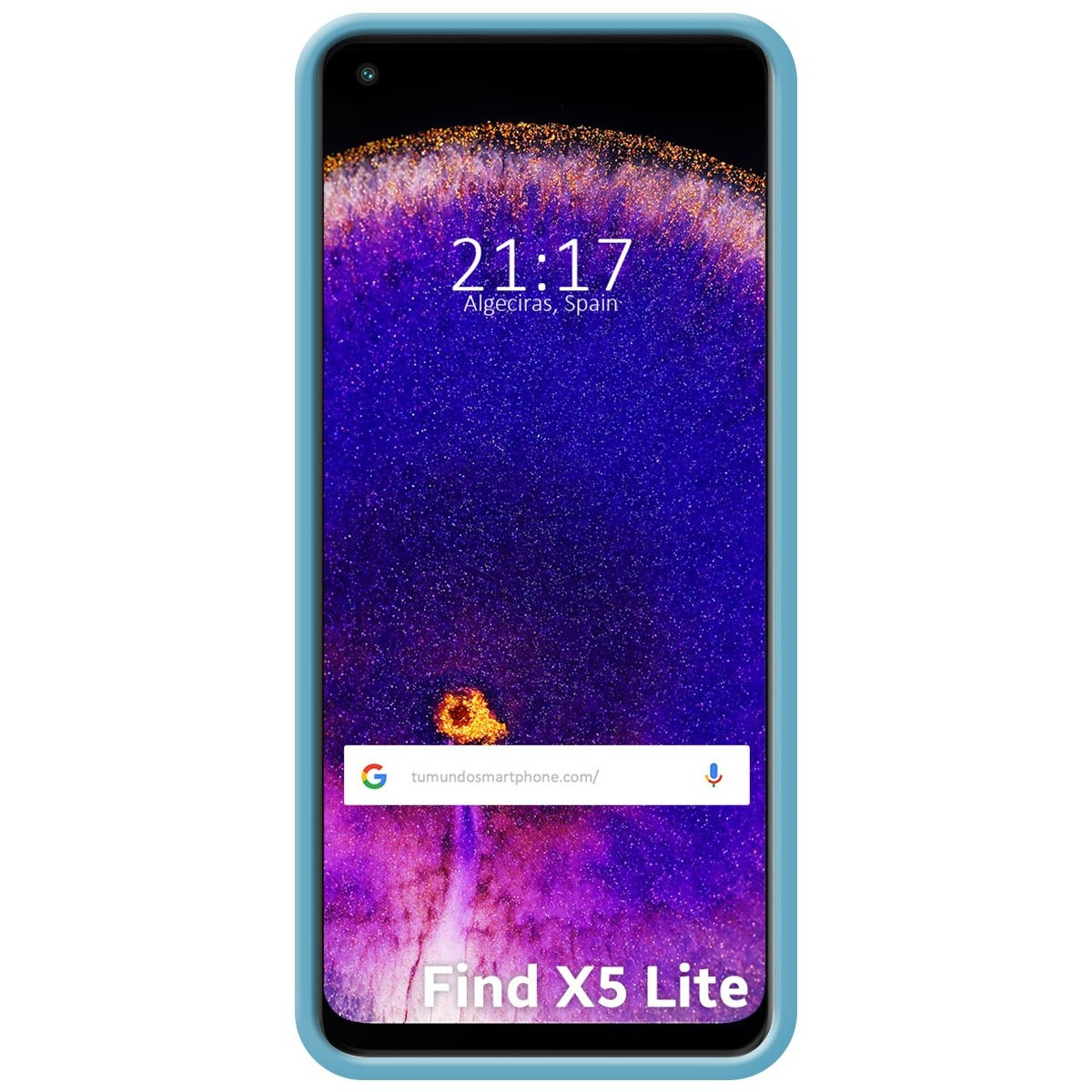 Teléfono: Funda azul. Pantalla muestra hora y barra de búsqueda. Find X5 Lite.