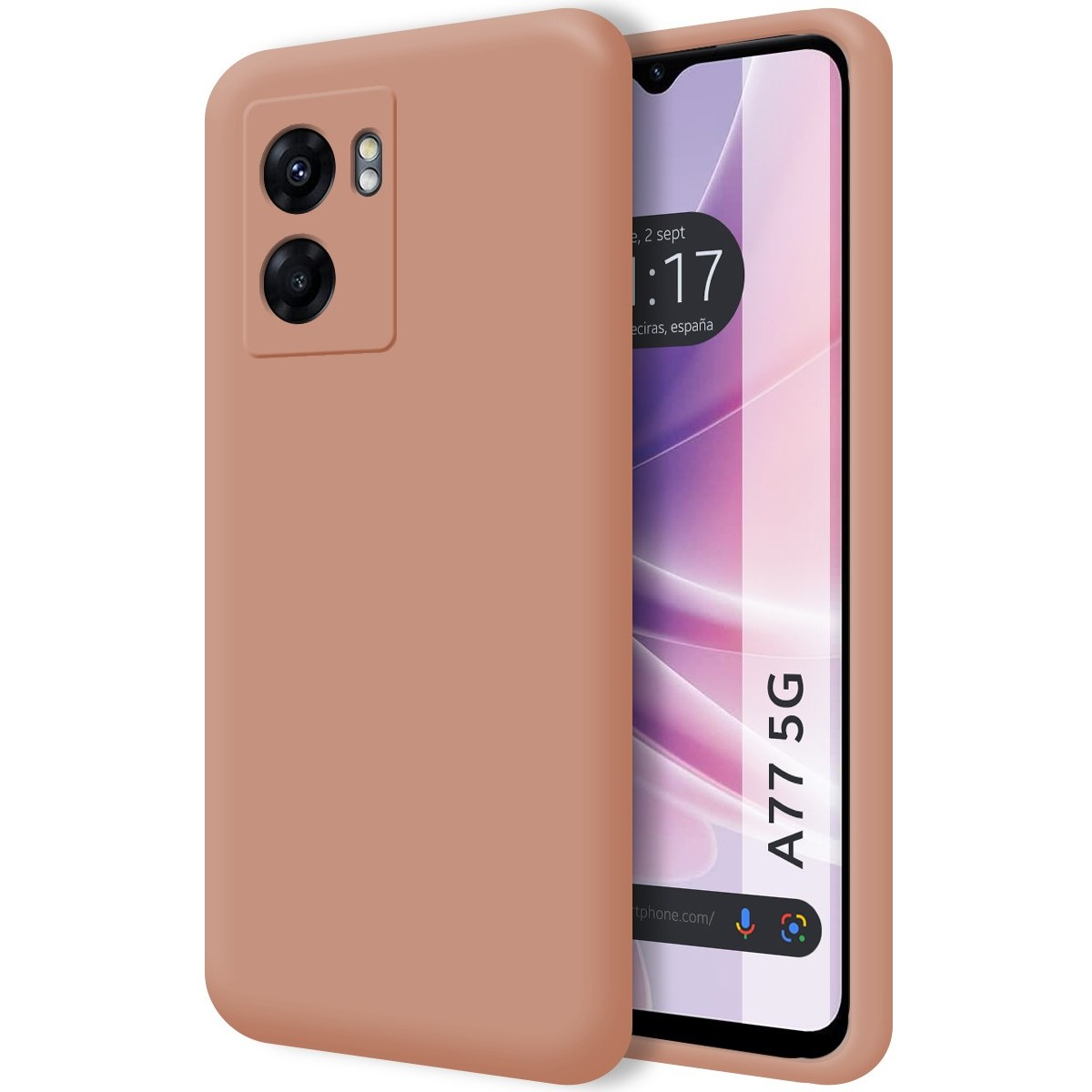 Custodia tinta unita color pesca e uno smartphone, vista laterale.