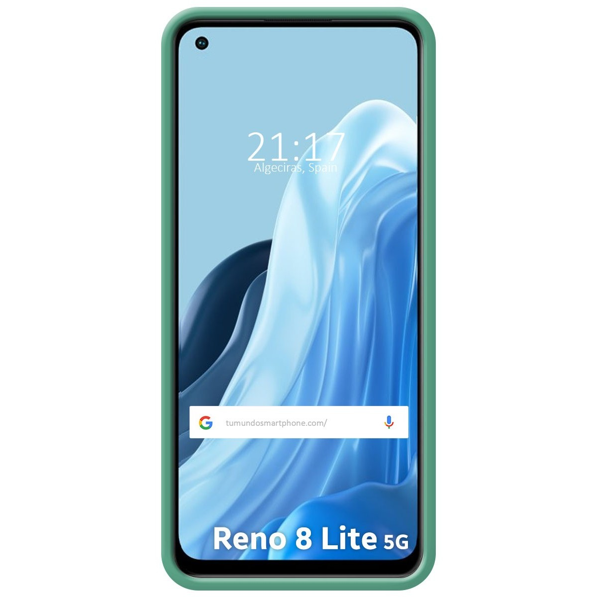 Custodia verde con telefono che mostra ora e sito web. La custodia è verde.