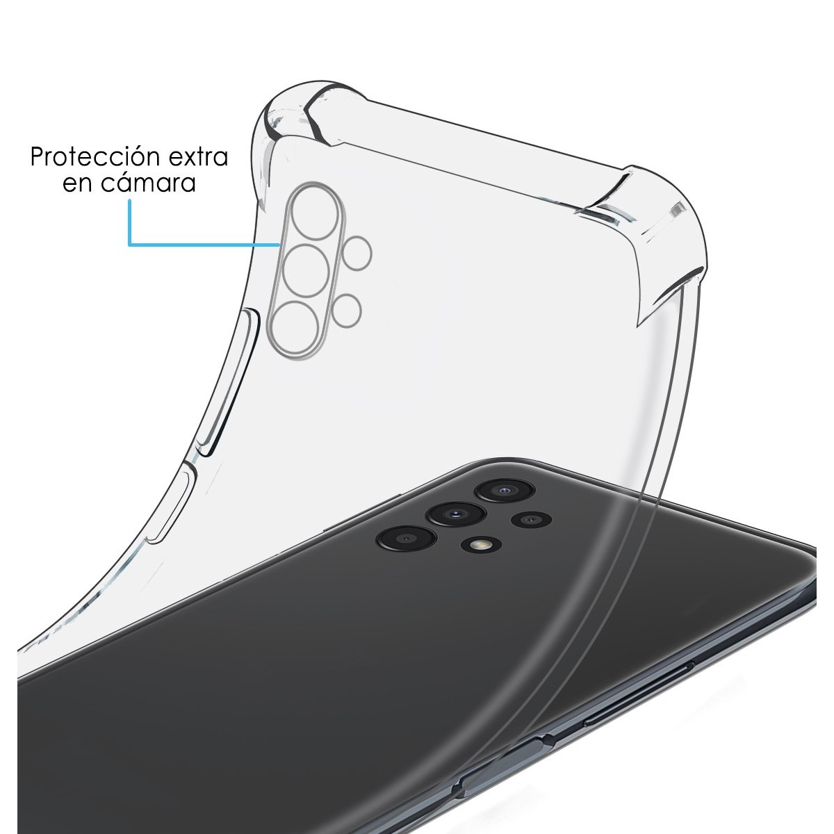 Custodia trasparente, con protezione extra per la fotocamera. Il telefono è nero.