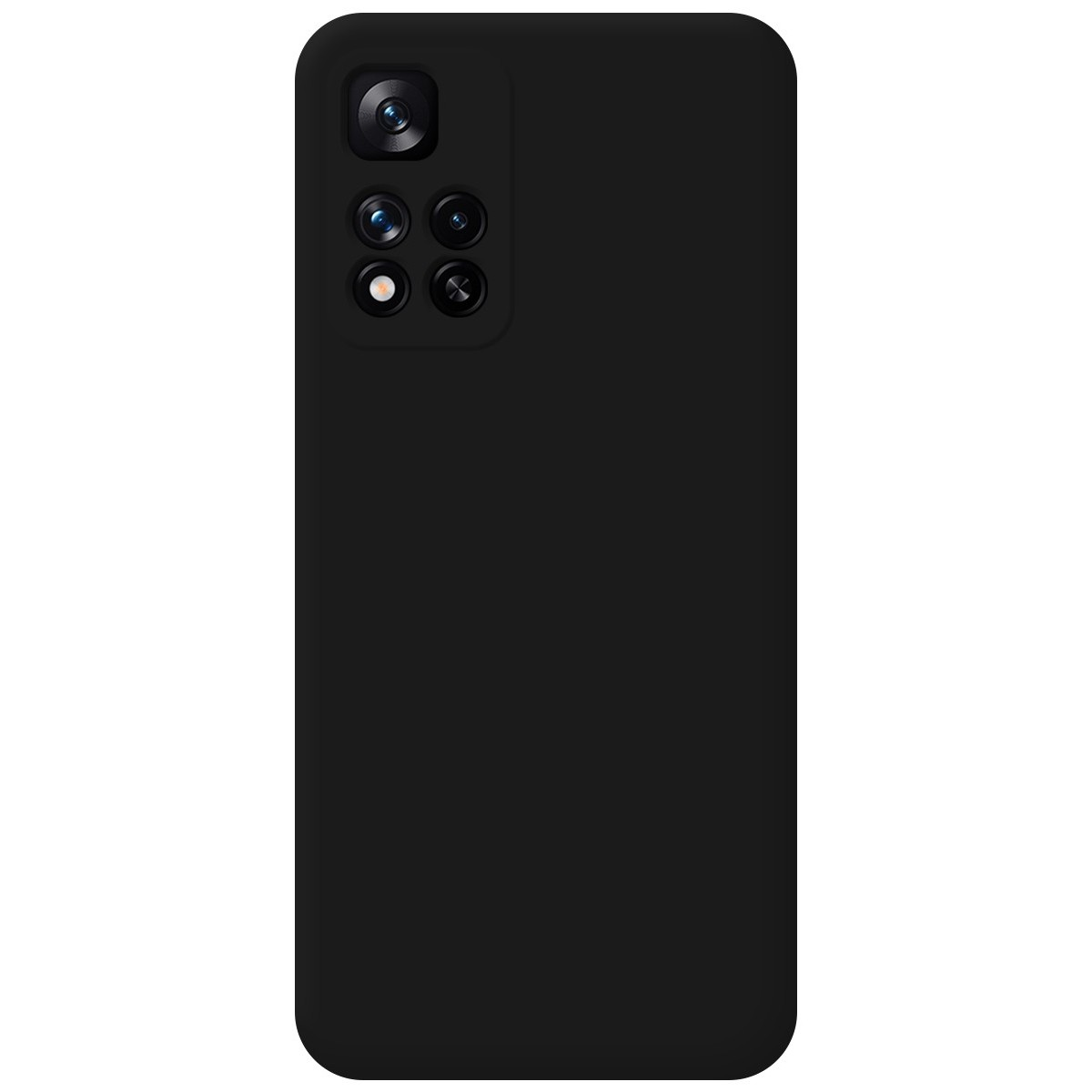 Custodia per telefono nera con obiettivi della fotocamera. La custodia è nera tinta unita.