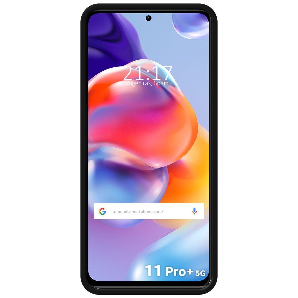 Telefono con cornice nera, sfondo sfumato e il testo '11 Pro+ 5G'.