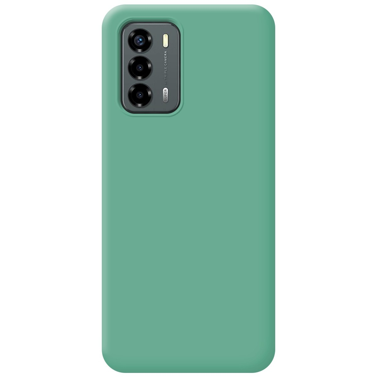Custodia per telefono verde con array di fotocamere. Colore verde uniforme sul retro.