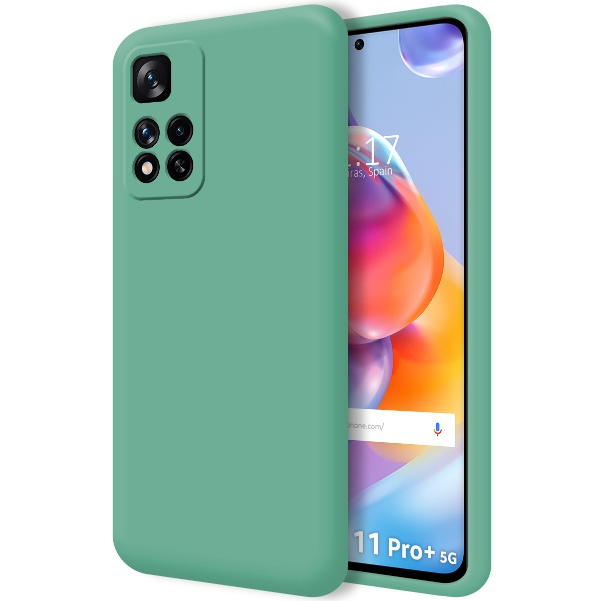 Custodia per telefono verde menta unita e telefono.