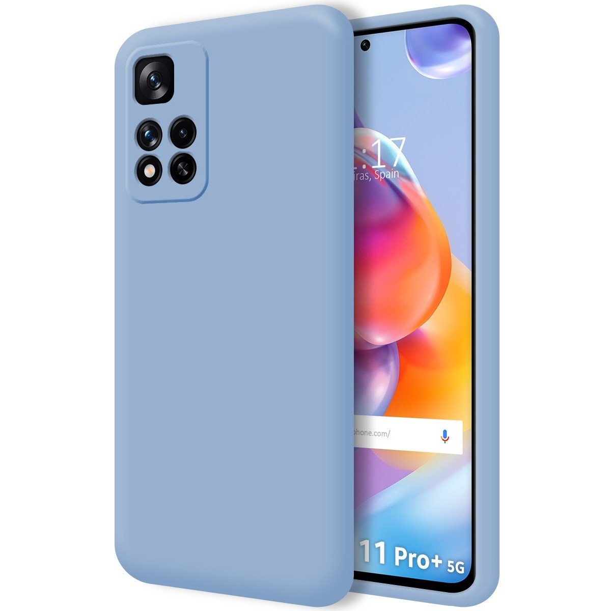 Custodia: colore pieno azzurro. Schermo mostra ora e design astratto.