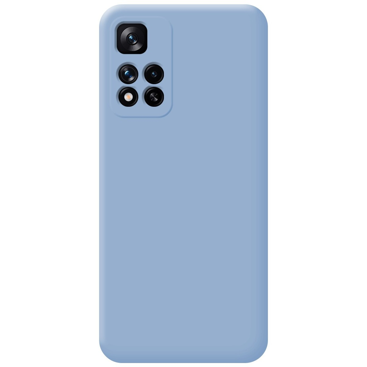 Custodia per telefono azzurra con un array di fotocamere sulla parte superiore.