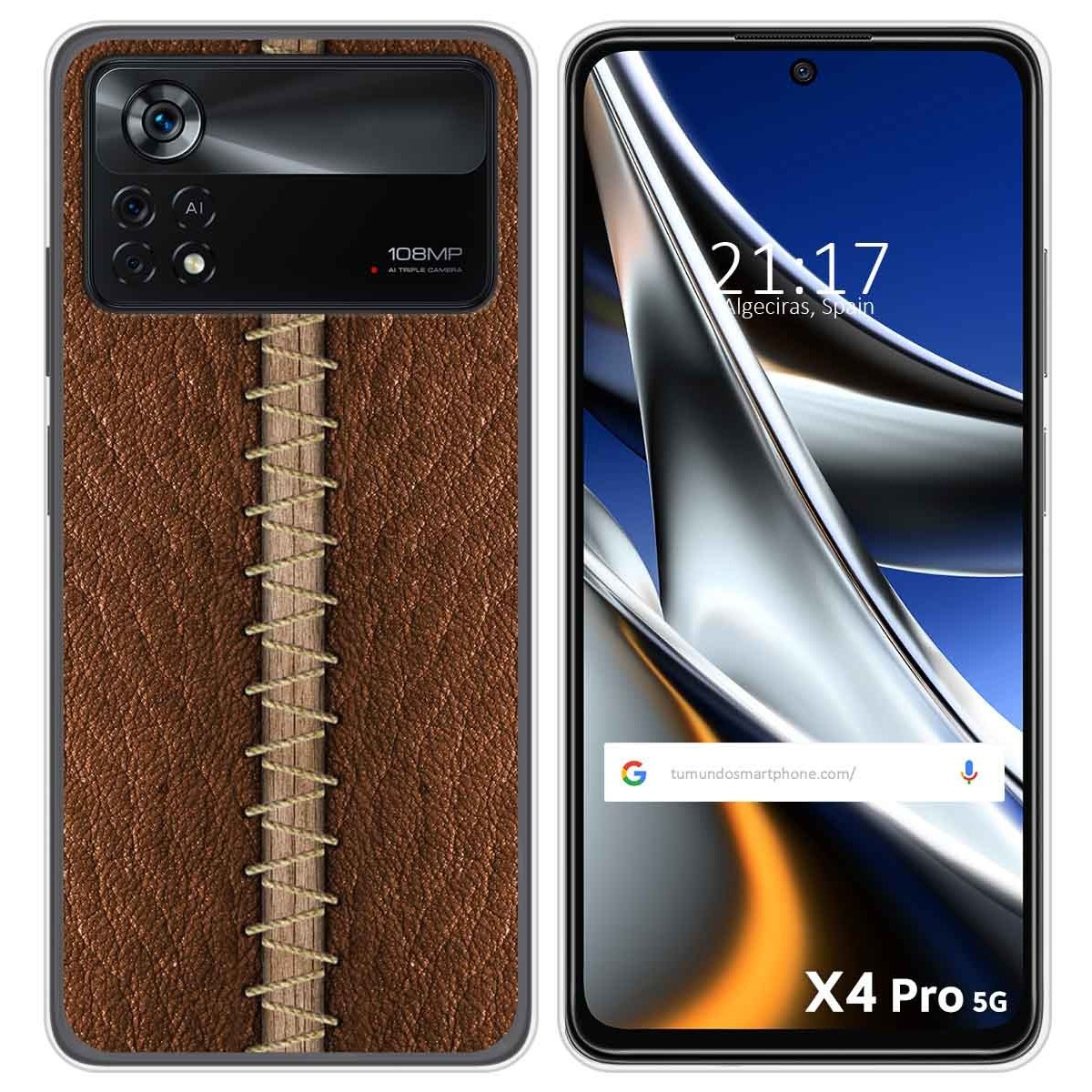 Funda de teléfono con diseño de cuero cosido. El teléfono muestra hora, ubicación y barra de búsqueda.