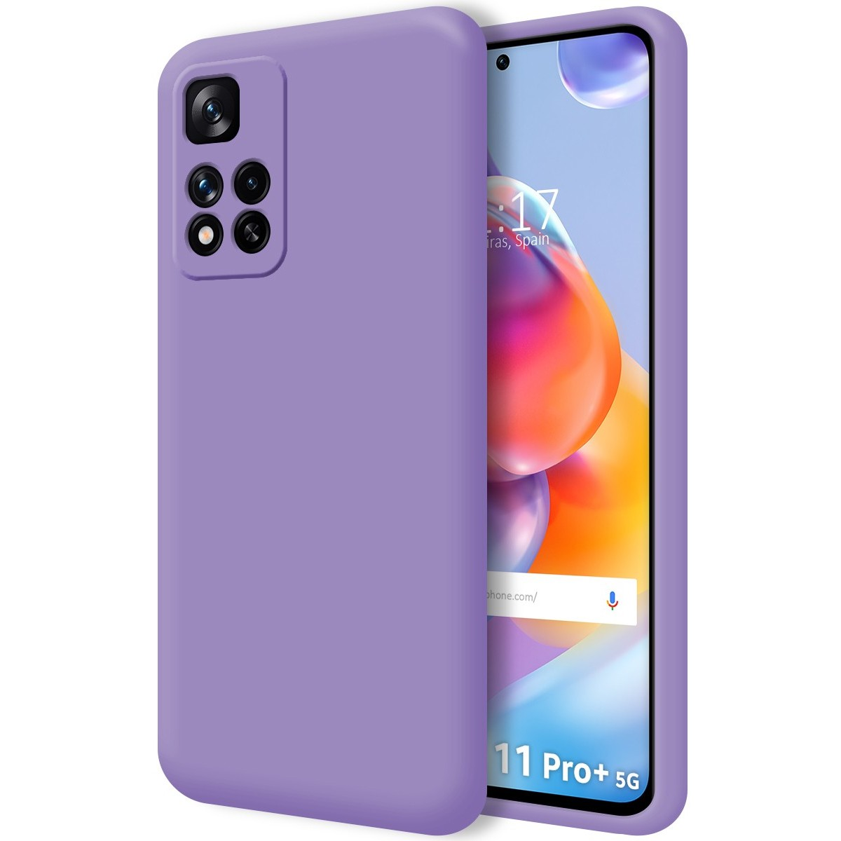 Uno smartphone viola in una custodia viola, che mostra uno schermo colorato.