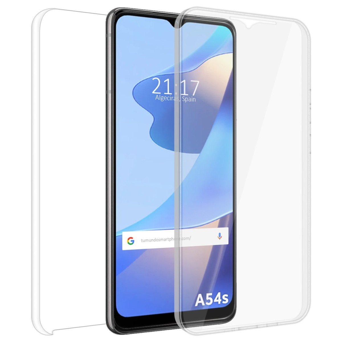 Smartphone con protezione schermo applicata, mostra l'ora e la barra di ricerca.