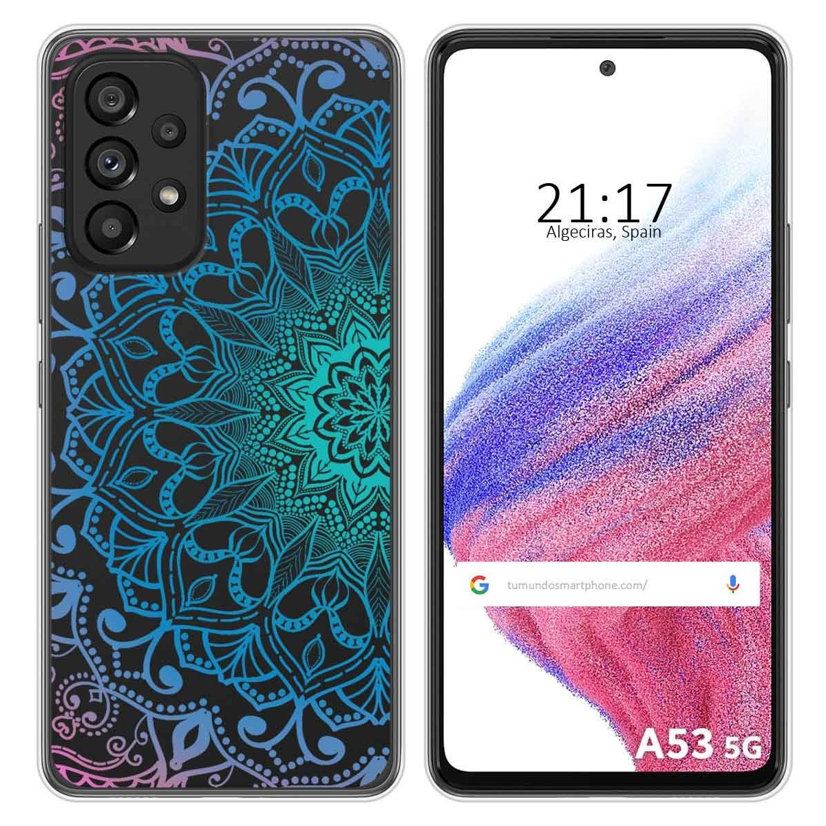Funda de teléfono con un diseño de mandala. La pantalla muestra una página web.