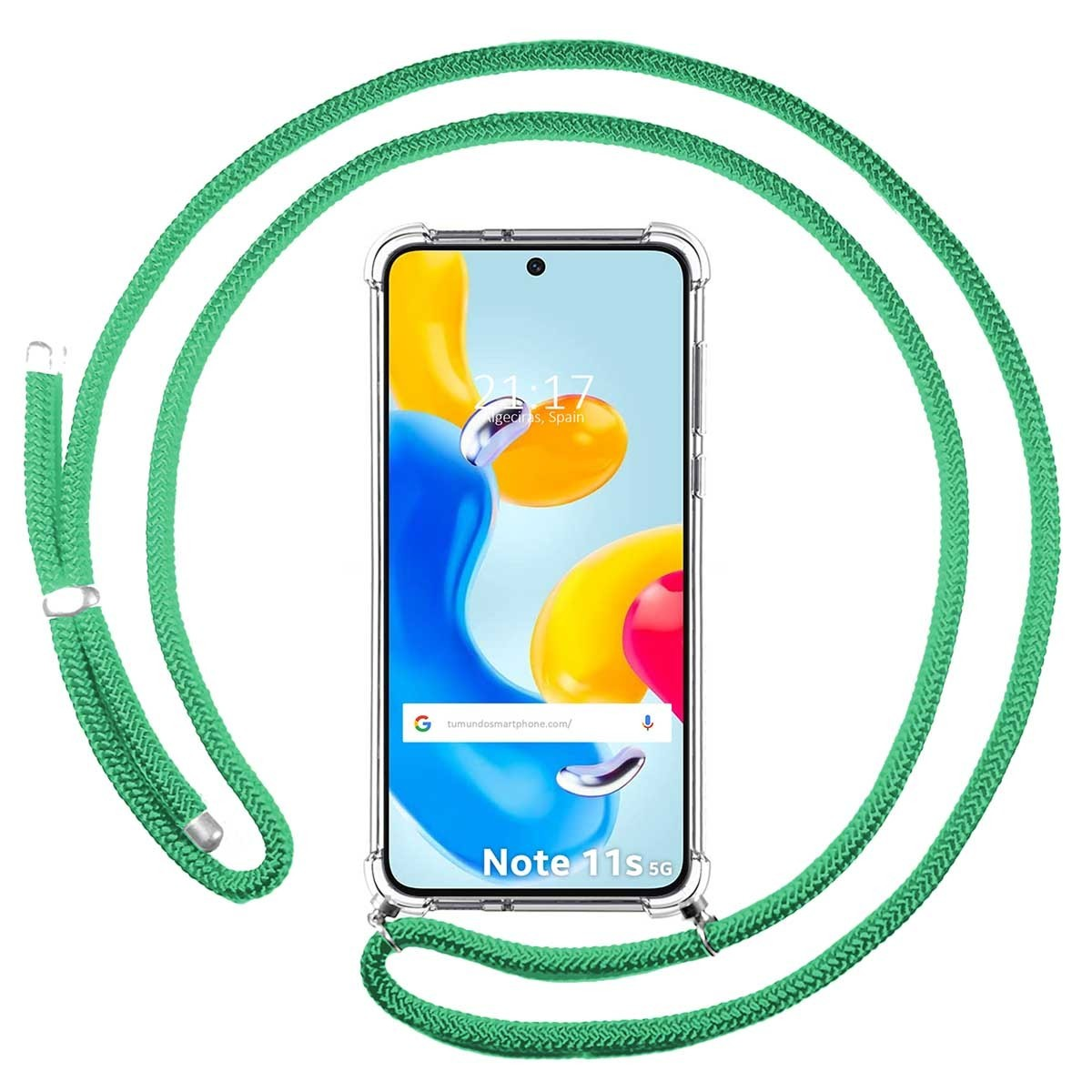 Telefono con un cordino verde. Lo schermo del telefono mostra l'ora.