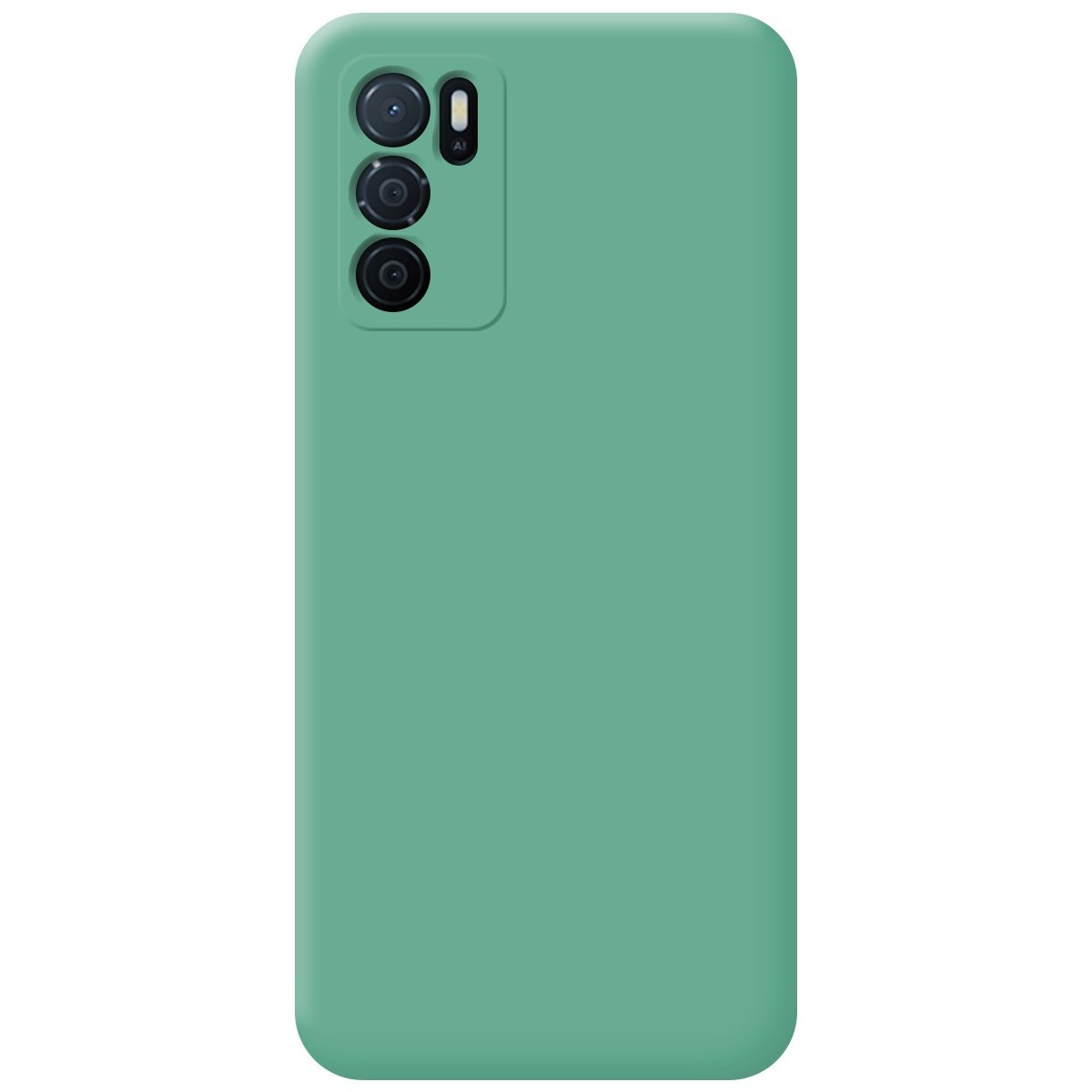 Custodia verde tinta unita con tre lenti della fotocamera. Nessun design o testo.