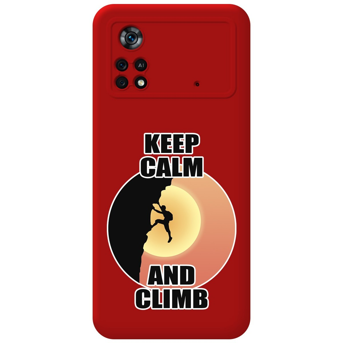 Funda de teléfono roja con 'KEEP CALM AND CLIMB' y silueta de escalador. La pantalla está apagada.