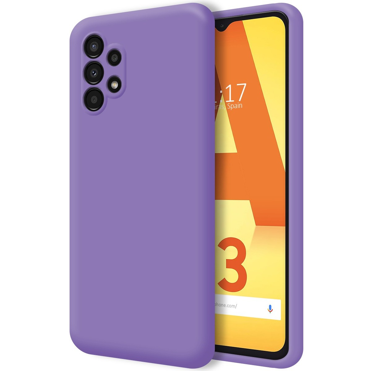 Custodia per telefono viola con telefono che mostra l'ora ad Algeciras, Spagna e logo A3.