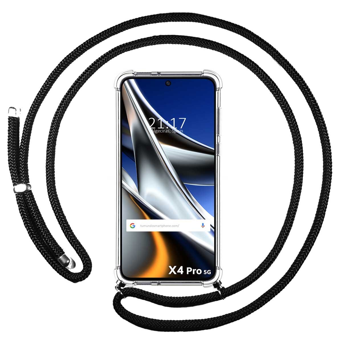 Telefono e cinturino nero. Schermo mostra ora e design astratto.