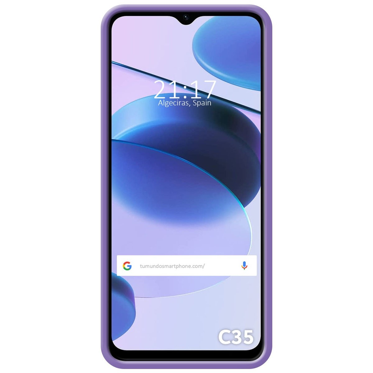 Funda de teléfono morada. El teléfono muestra la hora, la ubicación y una barra de búsqueda.