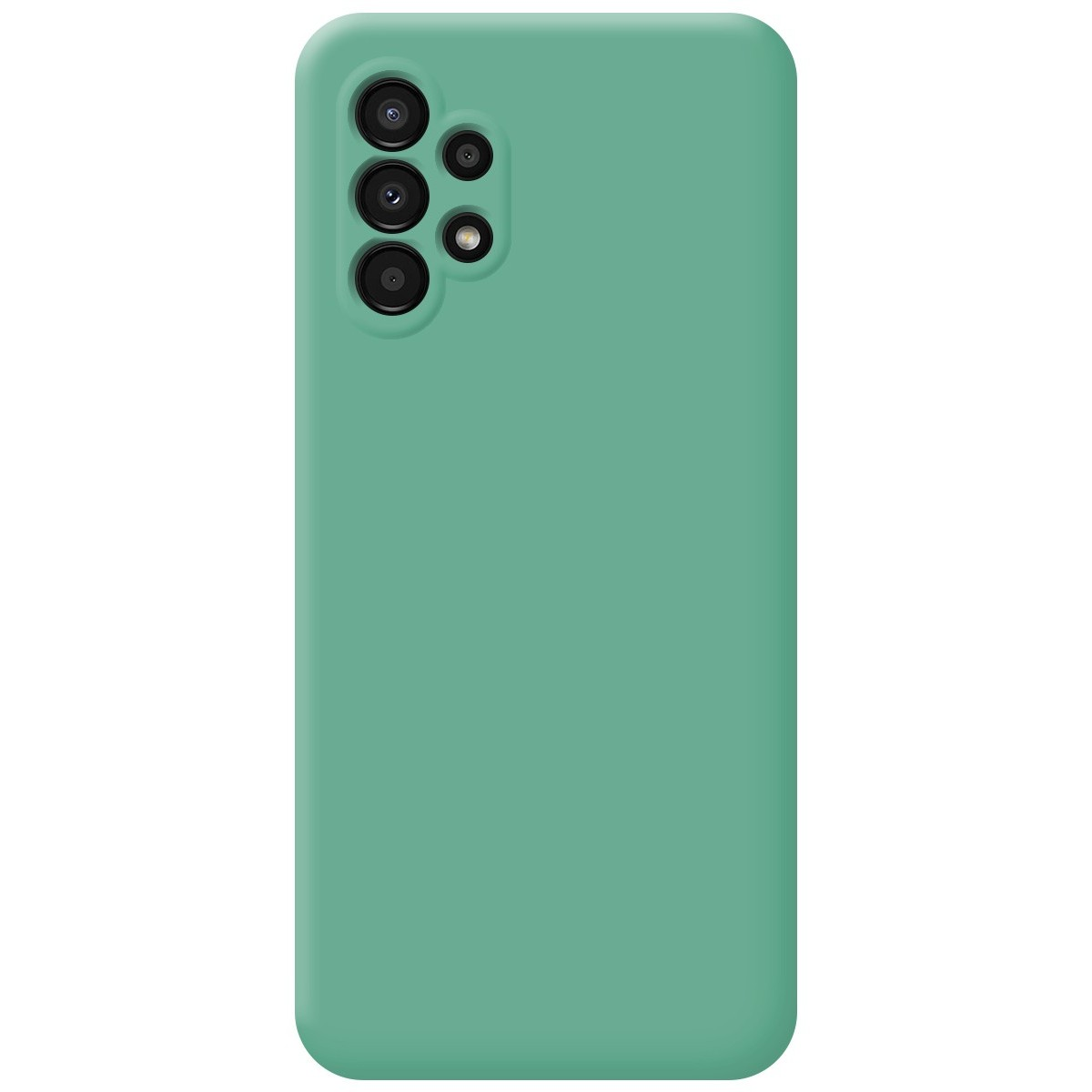 Una custodia per telefono color verde acqua con più lenti della fotocamera.