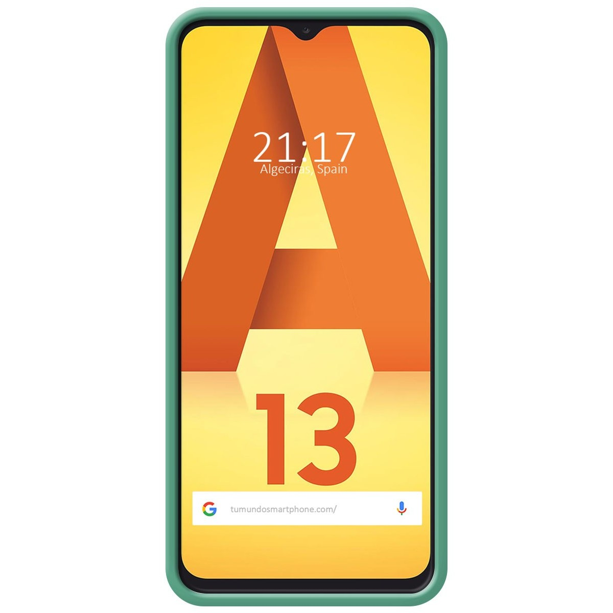 Schermo mostra una grande A arancione, con il numero 13 e una custodia verde.