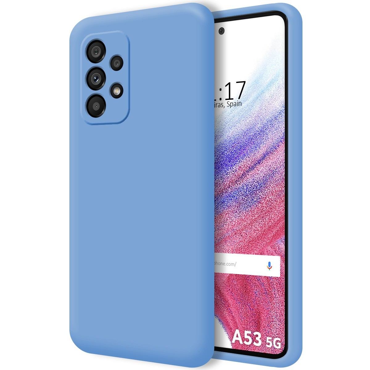 Custodia per telefono blu chiaro unita con un telefono che mostra uno schermo.
