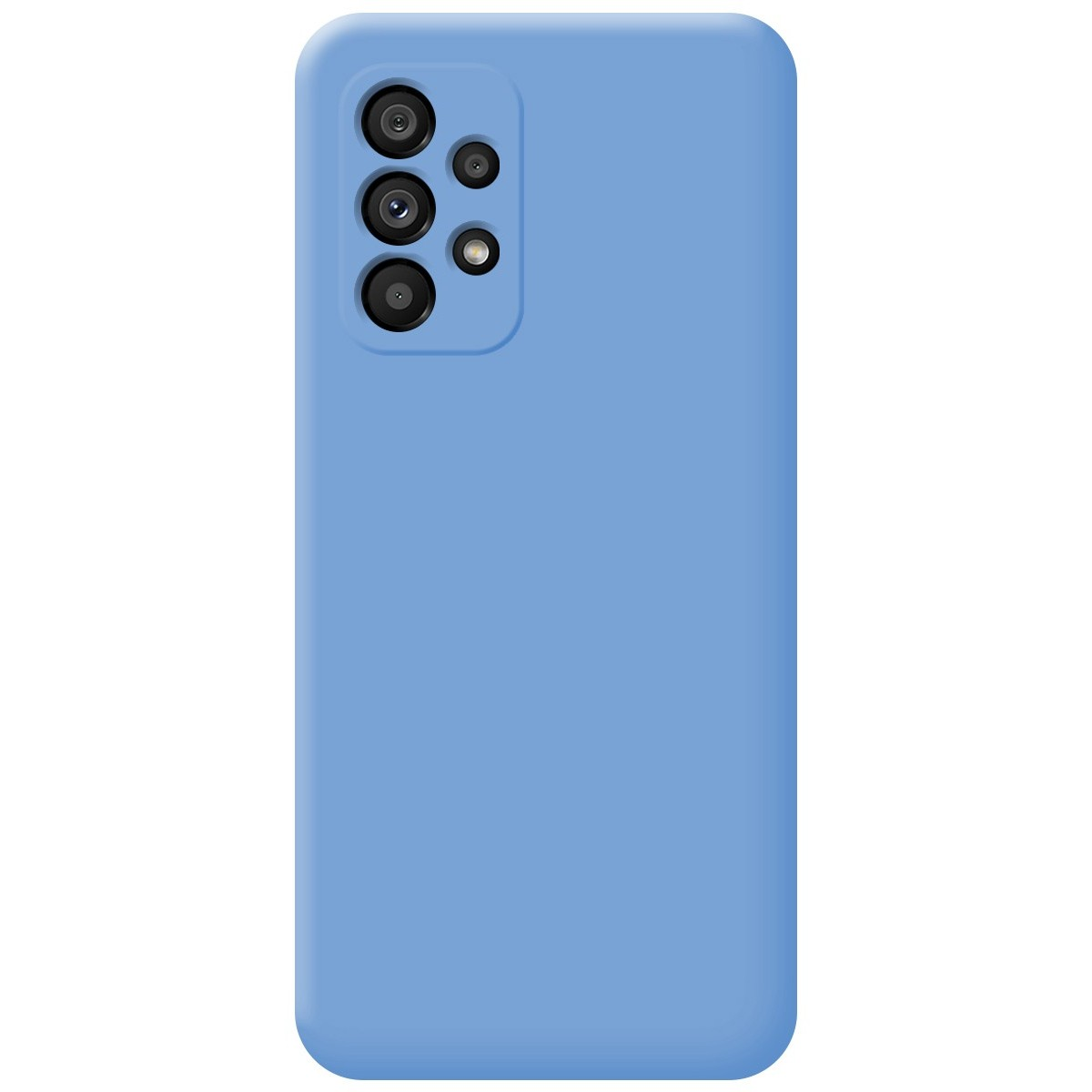 Una custodia per telefono azzurra con più fotocamere su una superficie solida.