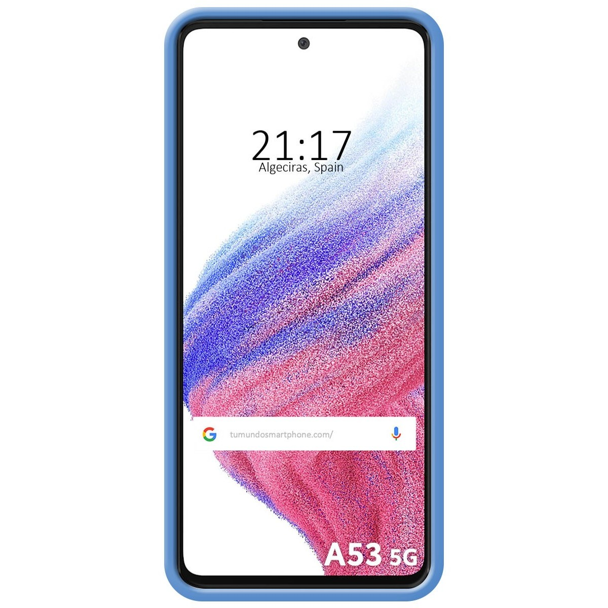 Telefono: cornice blu, schermo nero con ora, città e sito web. Etichetta A53 5G.