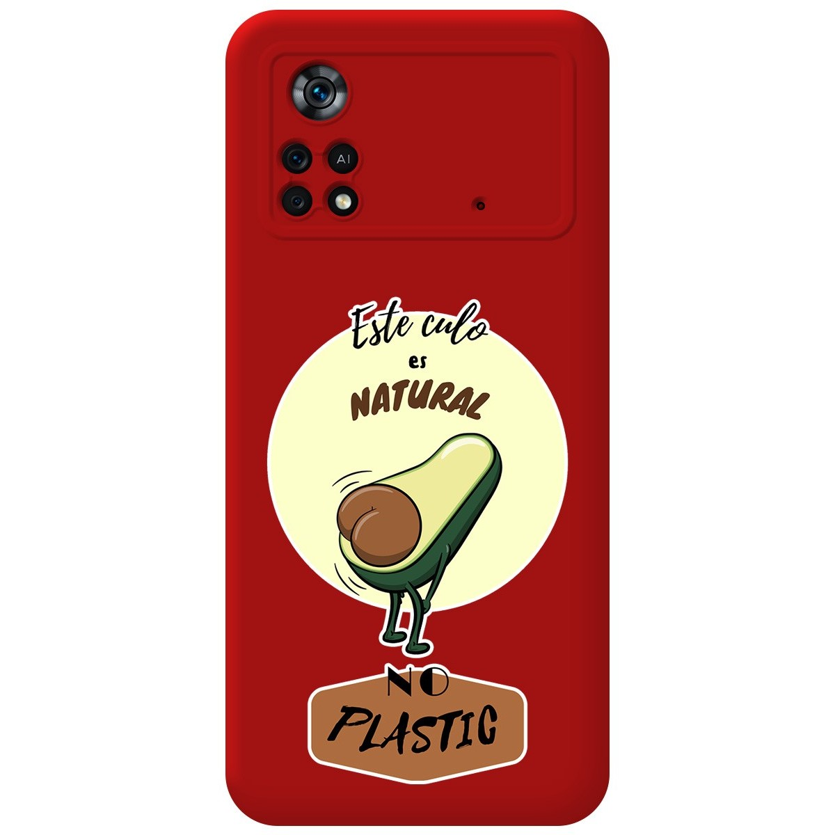 Funda de teléfono roja con ilustración de aguacate y texto. La pantalla muestra un reloj.