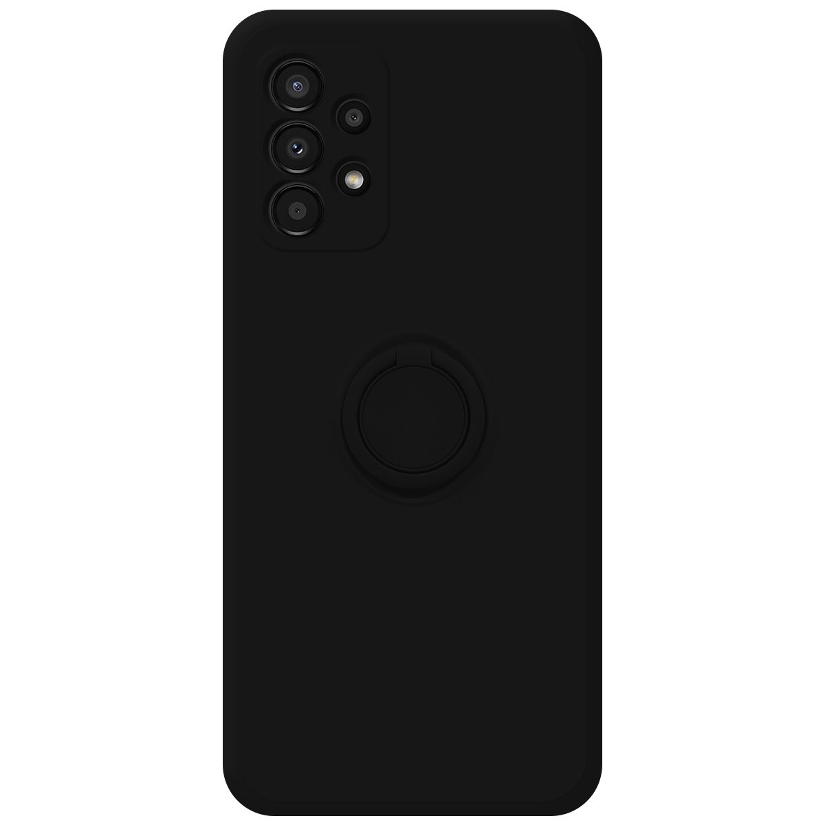 Custodia per telefono nera con supporto ad anello. Il telefono ha uno schermo.