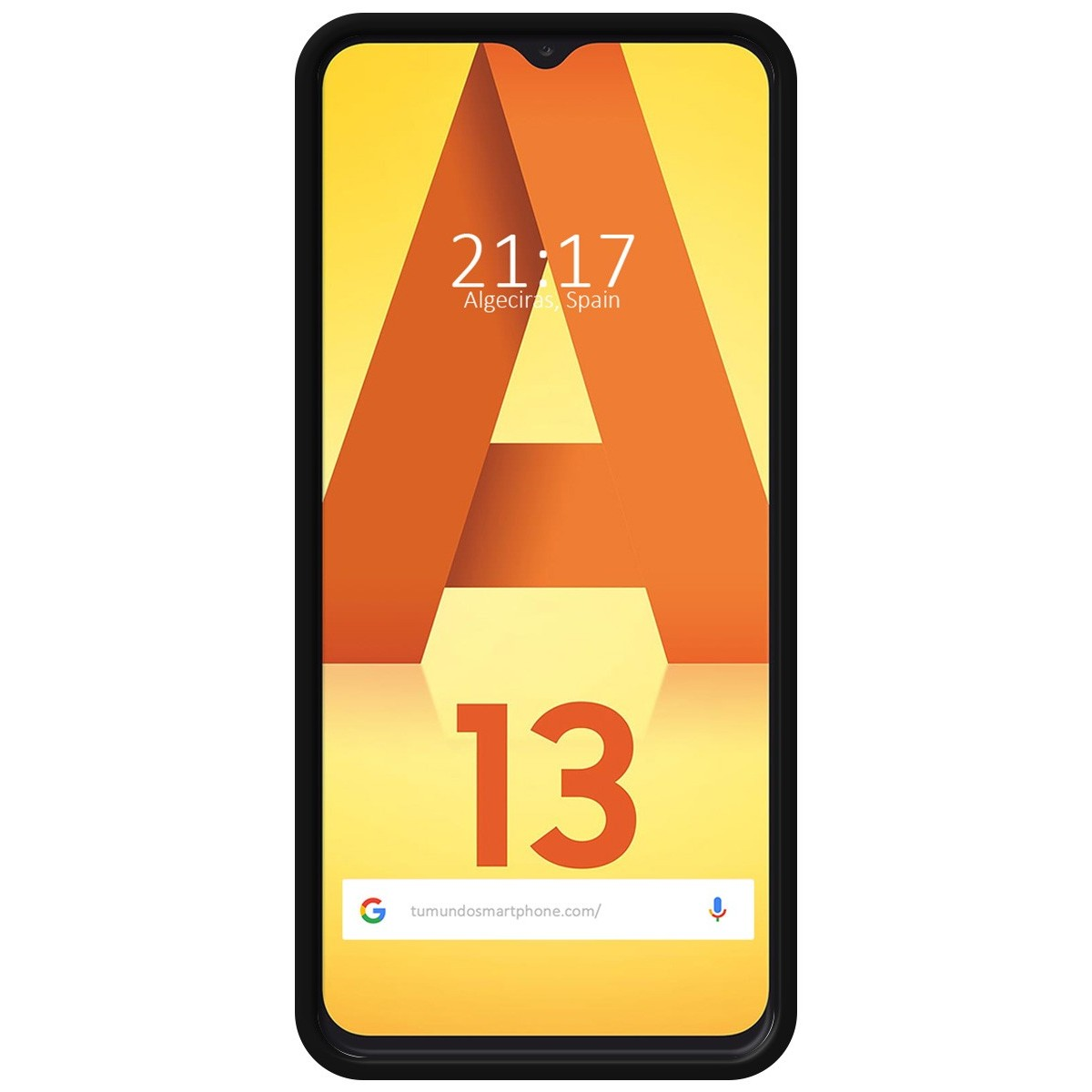 Schermo del telefono giallo con una grande A arancione e il numero 13. Telefono in una custodia nera.