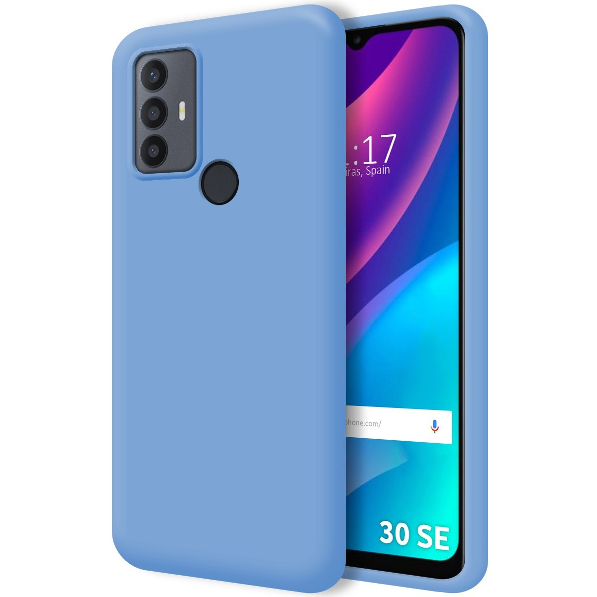Una custodia blu con un telefono che mostra uno schermo colorato.