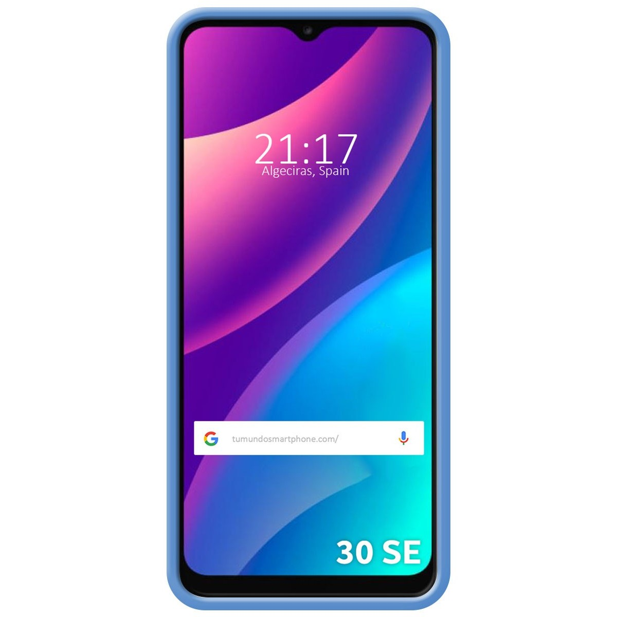Smartphone con cornice blu. Lo schermo mostra uno sfondo sfumato, l'ora e un sito web.
