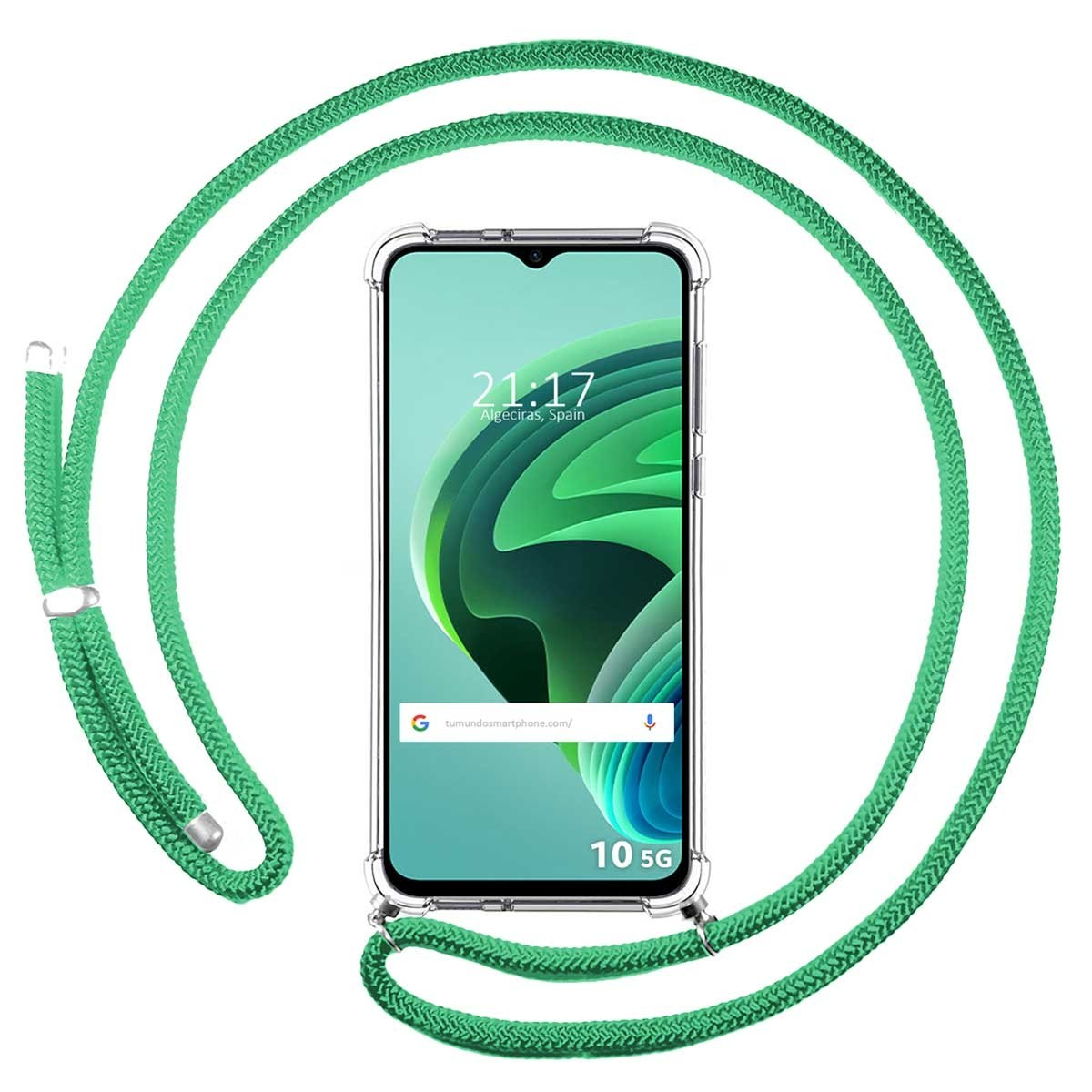 Telefono con cordino verde. Il telefono mostra l'ora 21:17, Algeciras, Spagna.