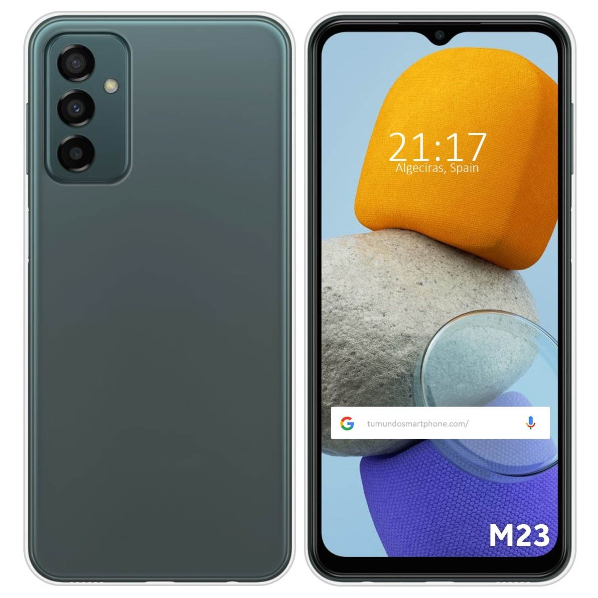 Funda de teléfono con parte trasera verde. El teléfono muestra un reloj y barra de búsqueda.