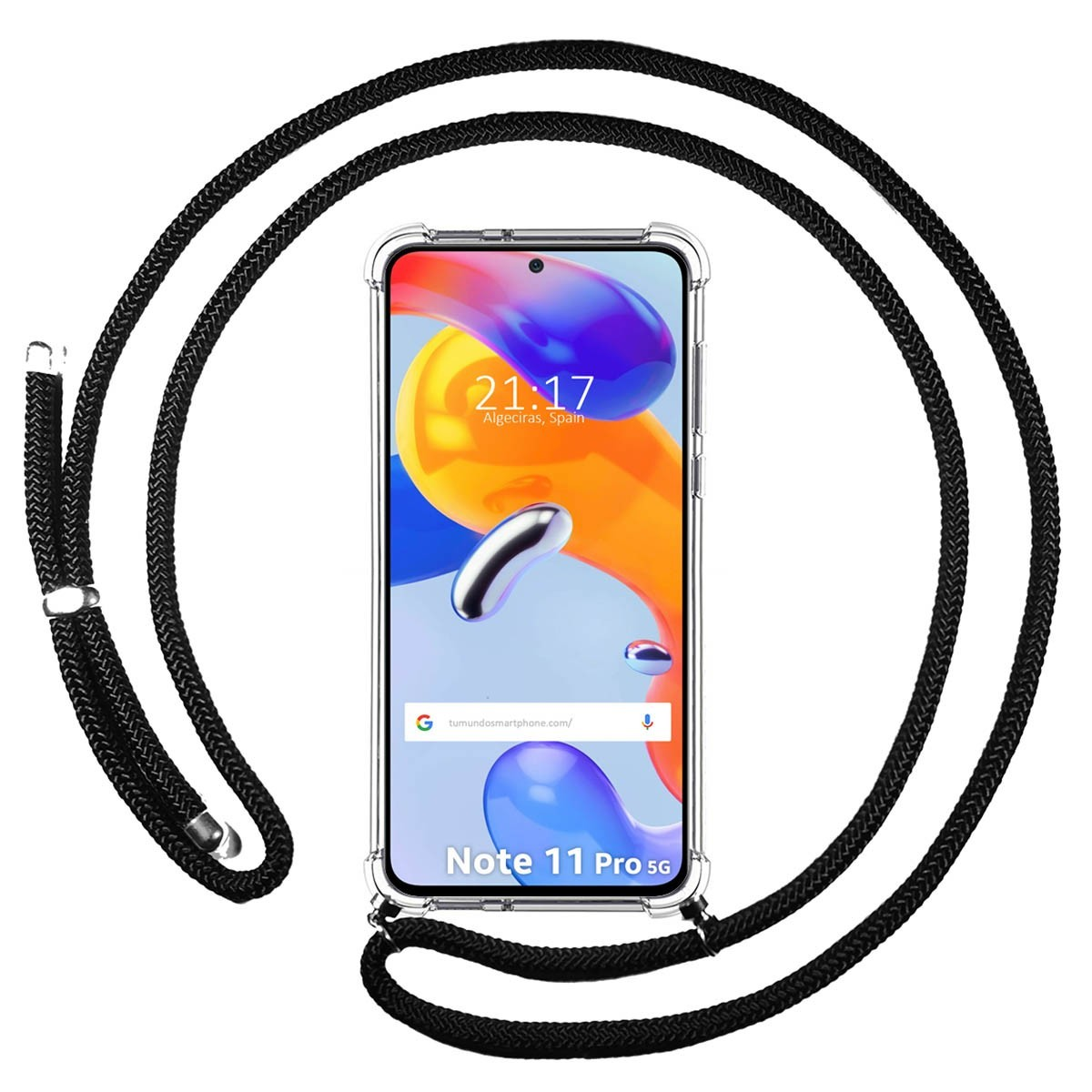 Telefono con cordino nero. Lo schermo mostra uno sfondo colorato con l'ora e la barra di ricerca.