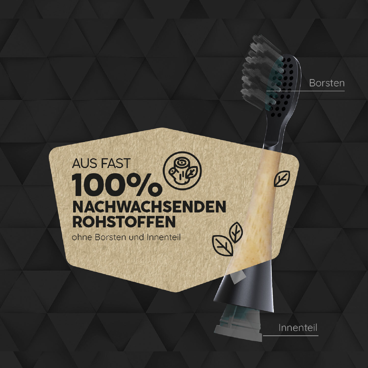 Zahnbürste mit schwarzen Borsten, mit Text, der '100% aus nachwachsenden Rohstoffen' und 'ohne Borsten und Innenteil' sagt.
