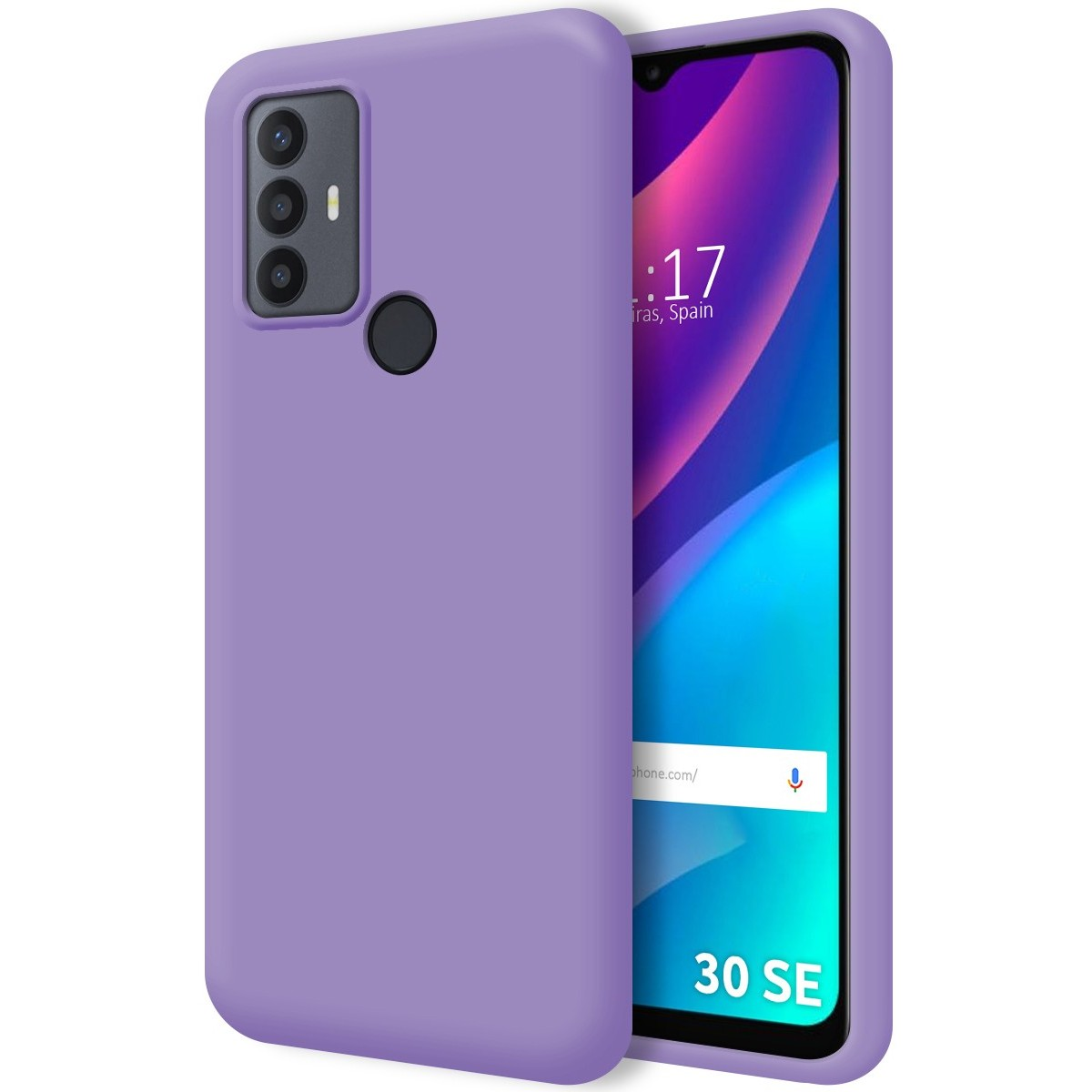 Telefono e custodia viola. Schermo mostra ora e icone app.