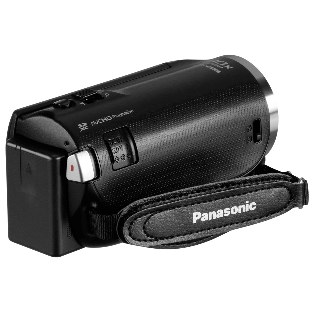 Schwarze Panasonic Camcorder. Die Kamera hat eine Handschlaufe. Der Hintergrund ist weiß.