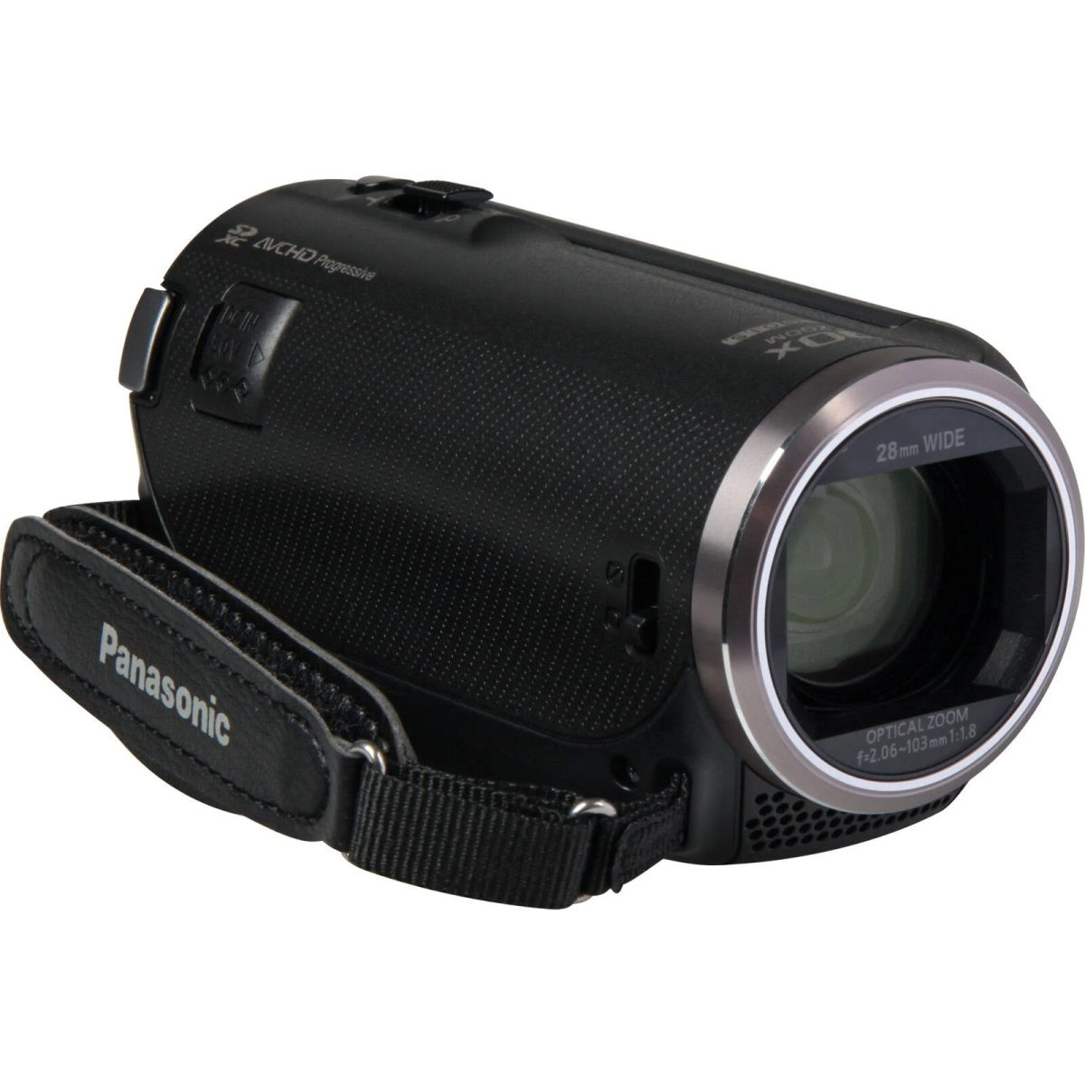 Schwarze Camcorder mit silbernem Ring um das Objektiv und einem schwarzen Riemen.