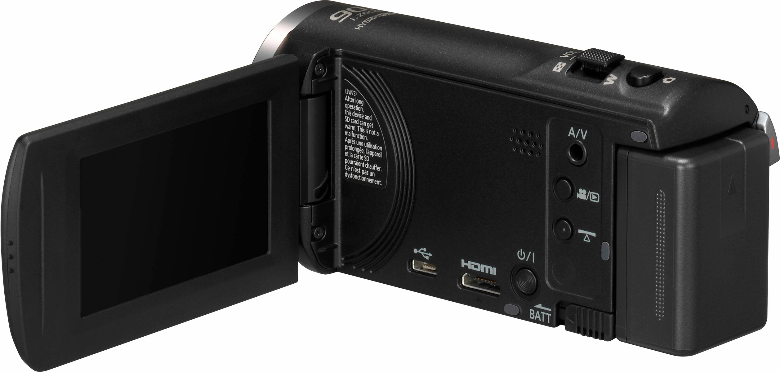 Rückseite einer schwarzen Camcorder mit offenem Bildschirm, Knöpfen und Anschlüssen.